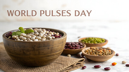 Variety of pulses in wooden bowls on rustic table