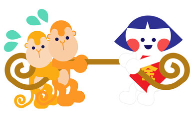 綱引きをする金太郎とさるのかわいい昔話イラスト