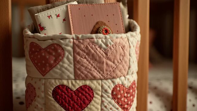 Valentine day Valentine heart quilt patchwork storage organizer nursery concept with soft quilted fabric container pocket hanging baby crib rail for cozy warm romantic room decor and heart quilted