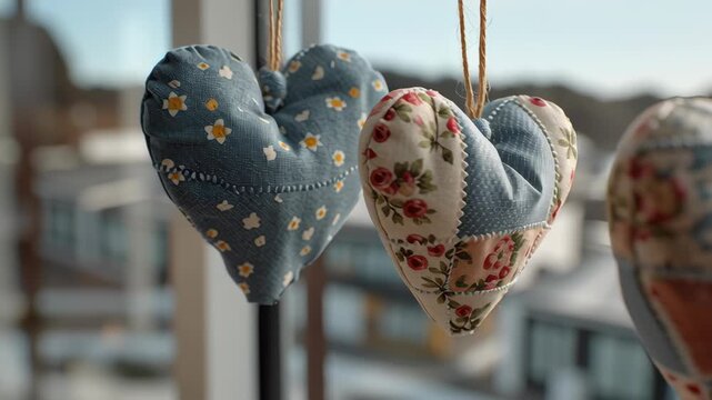 Valentine day Valentine heart decoration patchwork fabric romantic hanging plush charm window light with vintage heart ornament cozy home country style blue floral quilted textile and handmade rustic