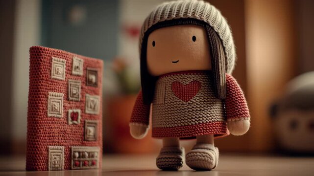 Valentine day Cute valentine patchwork doll toy with knit heart sweater in cozy handmade fabric room interior, warm romantic craft mood and soft yarn texture home design decoration indoors