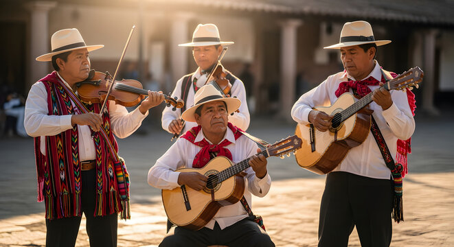 Four indigenous Purepecha musicians playing string instruments o