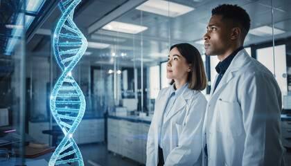 Scientists analyzing glowing blue DNA helix in high tech laboratory