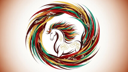 Vibrant swirling horse illustration with colorful mane and floral accents in circular motion on white background