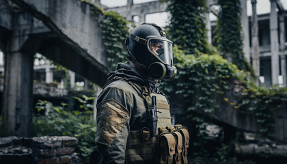 Post apocalyptic survivor with gas mask standing in overgrown ruins