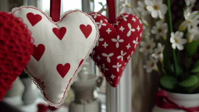 Valentine day valentine heart decoration patchwork concept romantic home interior soft focus floral detail red fabric cushion romantic gift love symbol cozy holiday floral pattern lace detail