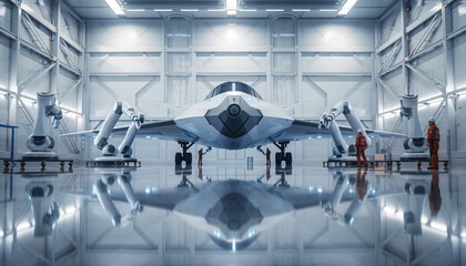 Futuristic spaceship in high tech hangar bay undergoing maintenance and repair