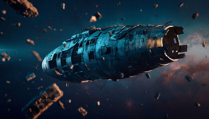Abandoned derelict spaceship floating in debris field with battle damage