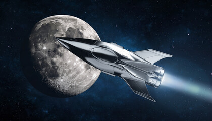 Chrome retro futuristic rocket ship flying past large moon art deco style