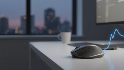 Modern workstation setup with computer mouse on desk overlooking a vibrant city night skyline and