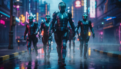 Futuristic soldiers patrolling neon lit cyberpunk city streets at night