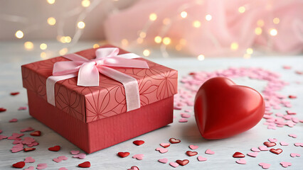 Red gift box with pink ribbon and bow, Valentine's Day heart decoration