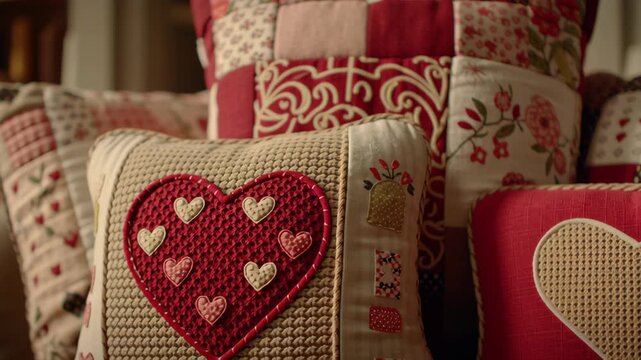 Valentine day Valentine cushion heart patchwork pillow gift concept warm cozy home decor scene with soft textile detail and romantic handcrafted design living room interior setting for love