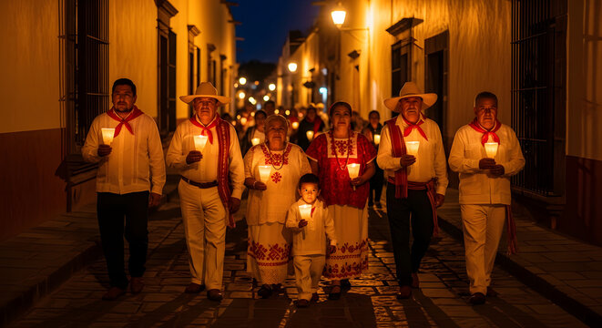 Mexican family walking in candlelit religious procession on colo