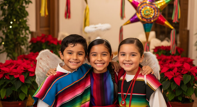 Three happy Mexican children dressed in traditional Posada costu