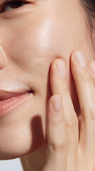 Close up of woman touching her cheek showing smooth skin and skincare concept