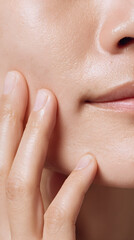 Close up of woman touching her cheek showing smooth skin and skincare concept