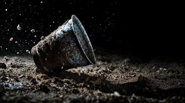 A dirty metal bucket lies on its side on muddy ground with dirt and debris scattered around it.