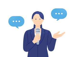 マイクを持つ女性。ニュースやインタビューでコメントする女性アナウンサーのベクターイラスト素材。