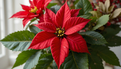 : Poinsettia plant with vibrant red bracts and lush green leaves, symbolizing Christmas and winter holiday d&eacute;cor, isolated on transparent background for festive designs, greeting cards, and seasonal a