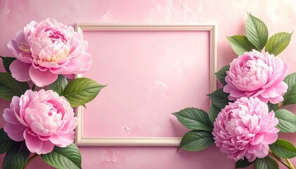 Soft Pink Peonies With Green Leaves Border A Light Beige Square Frame On A Textured Pastel Pink Background With Subtle Lighting