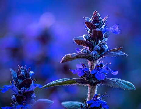 Close-up of a blue bugleweed plant, with blurred background. Striking purple and blue hues, capturing natural beauty