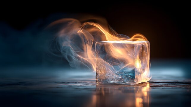 Cinematic Crystal Ice Cube Burning with Vibrant Orange Ethereal Flames