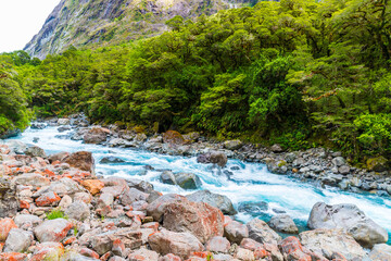 Naklejka premium Tutoko River Flowing Through Fiordland National Park, South Island, New Zealand 
