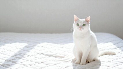 Fototapeta premium White cat with green eyes on bed