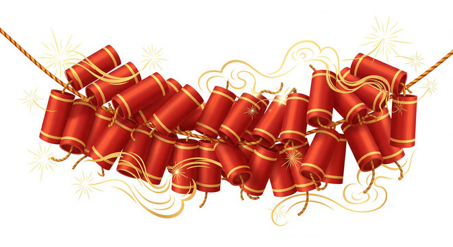 Vibrant red firecrackers with golden accents and smoke effects hanging on strings on transparent background