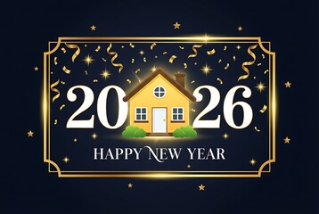 Happy New Year 2026 Celebration with Yellow House and Gold Decorations