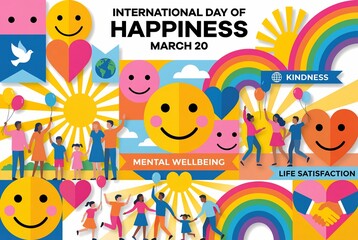 Fototapeta premium Colorful International Day of Happiness celebration with diverse people and joyful symbols.