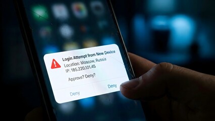 Login Attempt Warning: A close-up shot of a hand holding a smartphone with an alert message indicating a login attempt from a new device, highlighting the critical aspect of digital security.