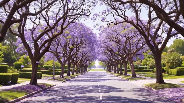 Beautiful Jacaranda Tree Lined Avenue in Full Bloom.