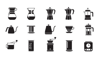 Collection of coffee makers and brewing equipment icons in black and white