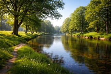 Fototapeta premium A tranquil river winds through a vibrant green landscape under the soft morning light