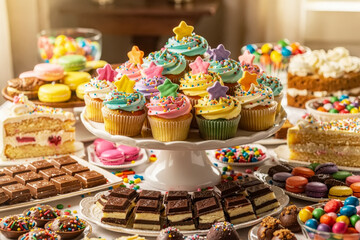 Abundant colorful cupcakes, macarons, chocolates, and cake slices create a festive dessert spread