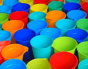 Collection of brightly colored plastic containers fills the frame, creating a vibrant, textured background