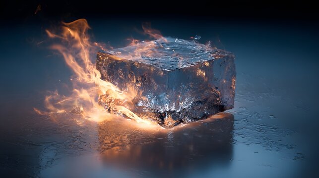 Cinematic Crystal Ice Cube Burning with Vibrant Orange Ethereal Flames