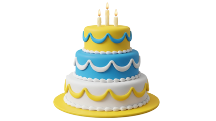 Three Tier Birthday Cake with Yellow Blue and White Frosting and Candles