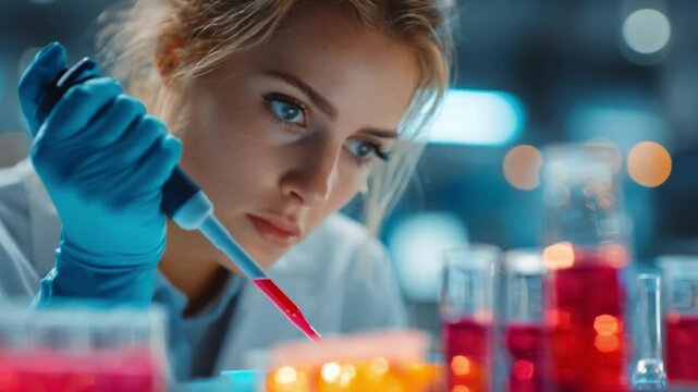 Female Researcher Pipetting Samples in Laboratory