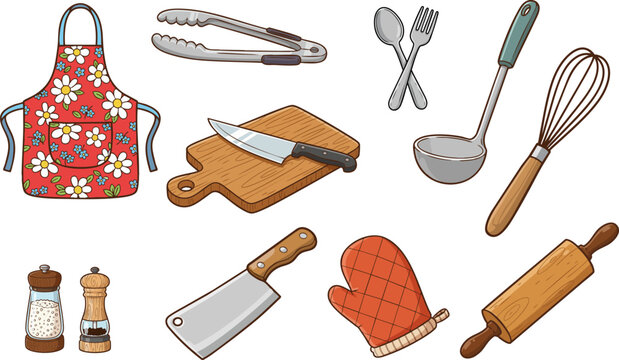 Vector illustration of a kitchen utensils set including common cooking tools and accessories