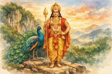 Thaipusam banner concept with Lord Murugan and peacock.