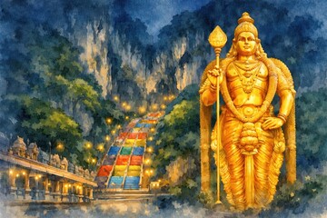 Thaipusam Festival Poster with Lord Murugan gold statue.