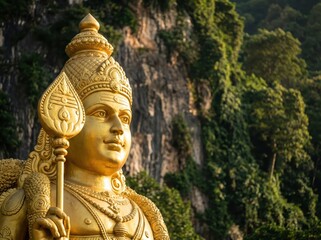 Closw up golden statue of lord murugan.