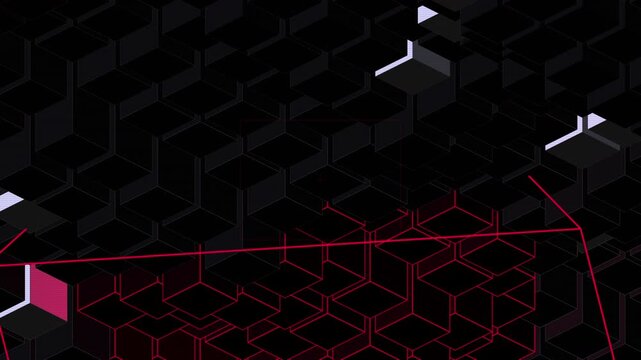 Infinite isometric cityscape loop with voxel buildings and security scanner overlay. Dystopian monochrome data grid with glitch effects and red laser highlights. Seamless 4K motion graphics.