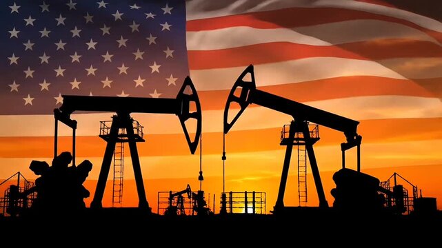 US Oil Industry: Pump Jacks and Waving American Flag at Sunset