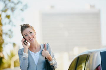 Phone call, walking and business woman in city for contact, online chat and conversation on...