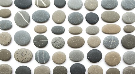 Collection of smooth round stones in various shades of gray and brown rocks pebbles