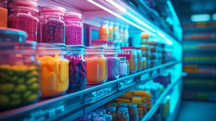 A vibrant shelf filled with colorful jars of sweets and snacks. The neon lights illuminate the array of treats. A delicious temptation for candy lovers everywhere. Generative AI
